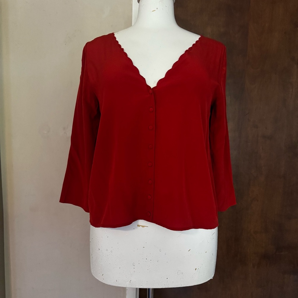 Sezane Red V-Neck Scallop Button Blouse